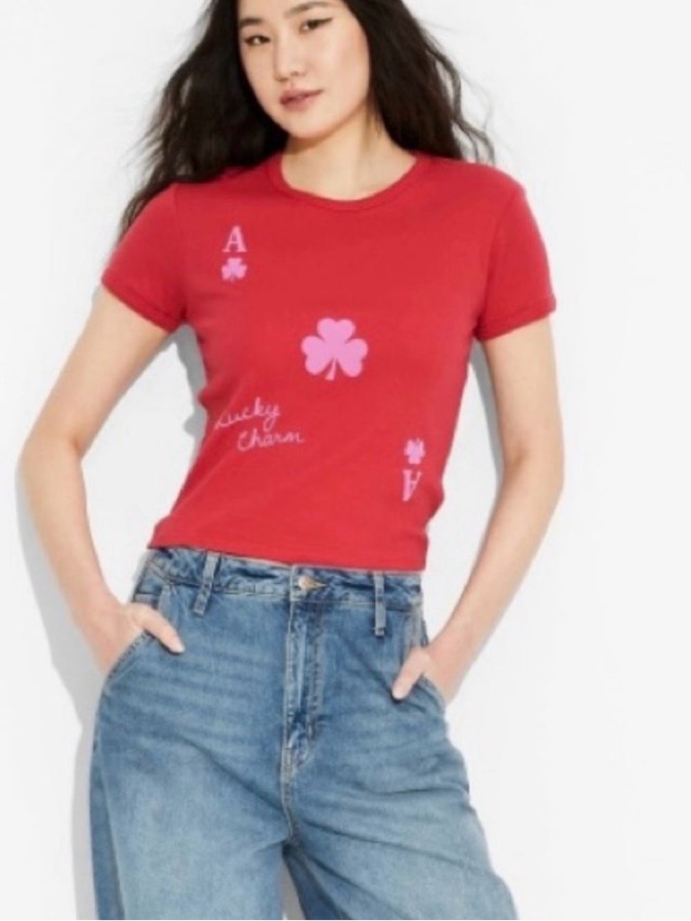Women's Lucky Charm Ace of Clubs Short Sleeve Graphic Baby T-Shirt - Red XL